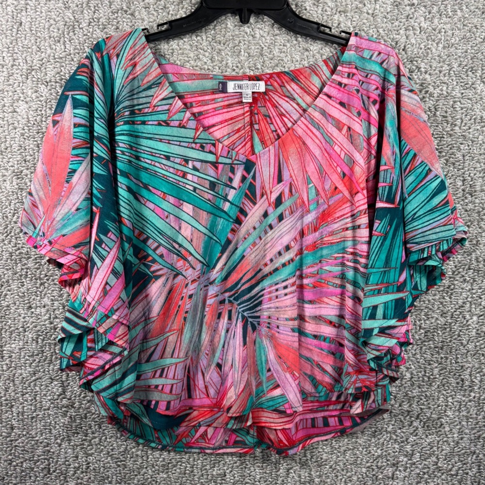 Jennifer Lopez Tropical Palm Cape Top Cropped Dolman Blouse Green Pink Womens S